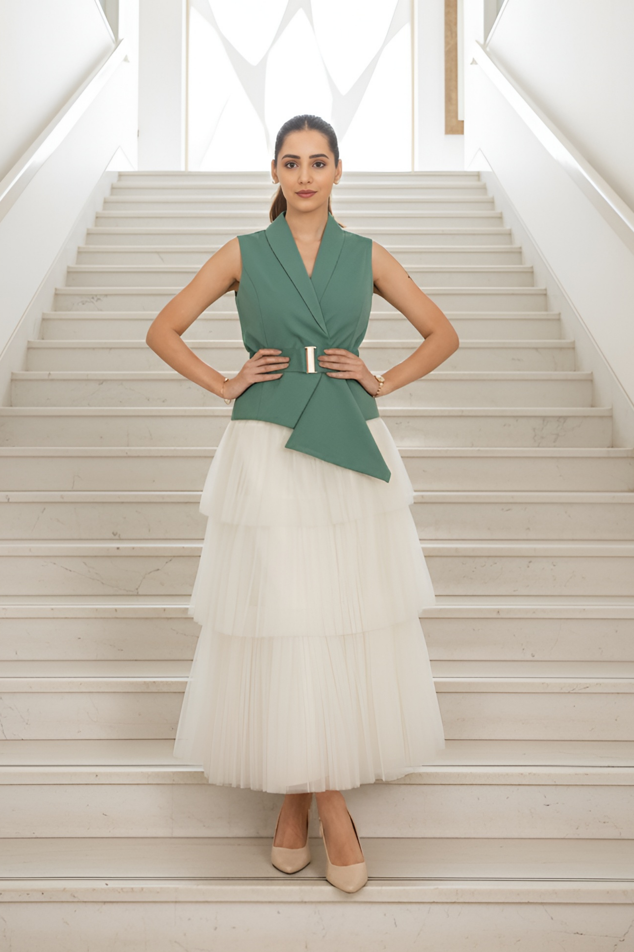 Ivory Layer Skirt & Sea-Green Waist Coat – Fresh Elegance